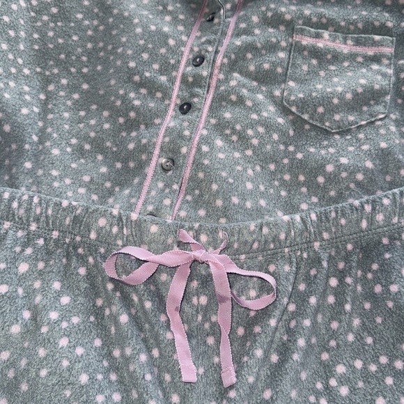 Earth Angels Pajama Set Gray & Pink Polka Dot Soft Fleece Satin Accent Sz Large - Picture 3 of 9
